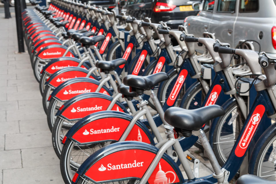 London,UK - August 6th 2015:Santander rental bikes for hire in London.  These cycles can be rented at a series of locations around the city and are ofter call Boris bikes after the Mayor of London.