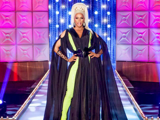 <p>Channelling a greek goddess and a ninja at the same time can be done, as Ru proved in this neon green pant-bodysuit combo, teamed with a layer flowing black silk. And that braided high pony? Life!</p>