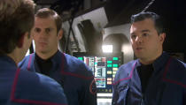 <p>These days, MacFarlane pilots the <em>Trek</em>-inspired Fox sci-fi series, <em>The Orville</em>. Back in 2004, though, he boldly went into the Delphic Expanse as fresh-faced Enterprise ensign, Rivers. Is it a coincidence that Captain Mercer kind of rhymes with Captain Archer?<br><br>(Photo: CBS) </p>