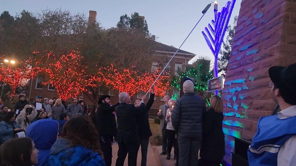 “Roving Rabbis” invite the community to spread light and witness  the lighting of a giant 9-foot Hanukkah Menorah held in the Westgate Mall Center Court located at 7701 Interstate 40, on Dec. 22, the 5th night of the eight-day Festival of Lights.