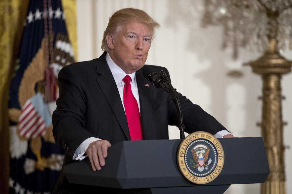 <p> In this Thursday, Feb. 16, 2017 photo, President Donald Trump pauses while speaking during a news conference in the East Room of the White House in Washington. (AP Photo/Andrew Harnik) </p>