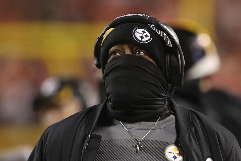 Pittsburgh Steelers head coach Mike Tomlin watches from the sideline during the first half of an NFL wild-card playoff football game against the Kansas City Chiefs, Sunday, Jan. 16, 2022, in Kansas City, Mo. (AP Photo/Travis Heying)