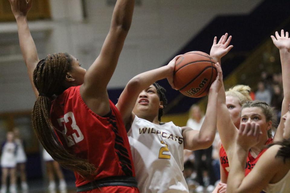 Clarksville's Imari Berry (2) goes up for a shot against Rossview's Sydney-James Desroches (23) during a regular season game in February of 2022.