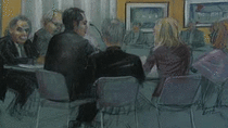 A sketch of former cardiologist Guy Turcotte appearing before a mental health review board.