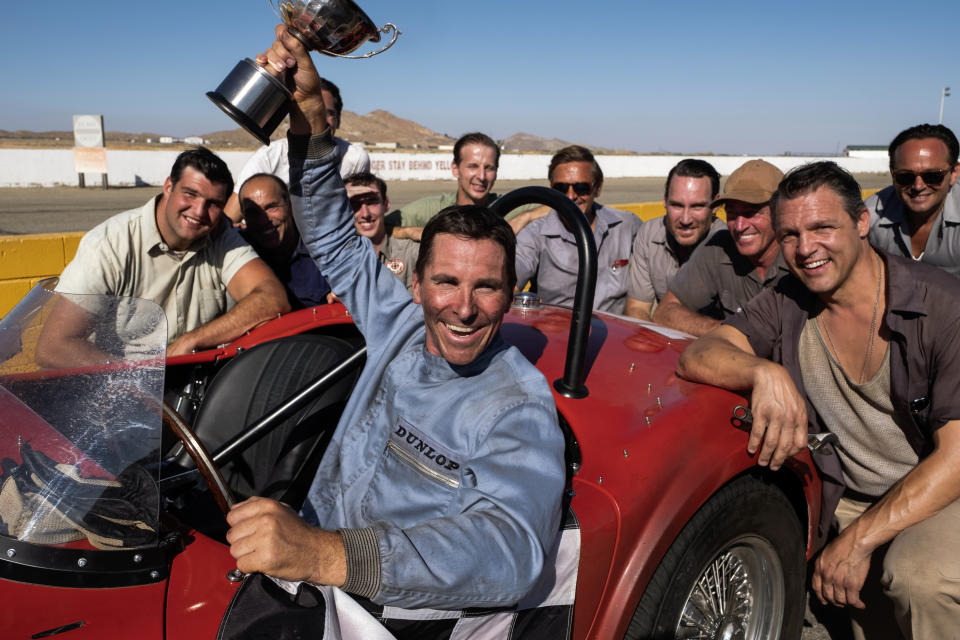 This image released by 20th Century fox shows Christian Bale in a scene from "Ford v. Ferrari," in theaters on Nov. 15. (Merrick Morton/20th Century Fox via AP)