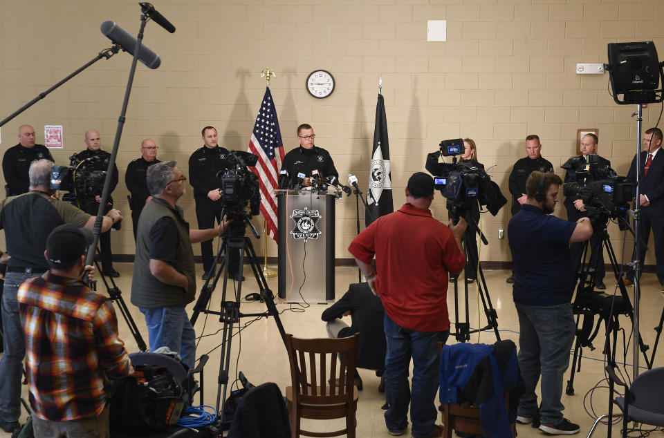 Albany County Sheriff Craig Apple speaks during a news conference at the Albany County Sheriff office after a criminal complaint was filed charging former New York Governor Andrew Cuomo with a misdemeanor sex offense of alleged forcible touching of a former executive assistant Friday, Oct. 29, 2021, in New Scotland, N.Y. (AP Photo/Hans Pennink)