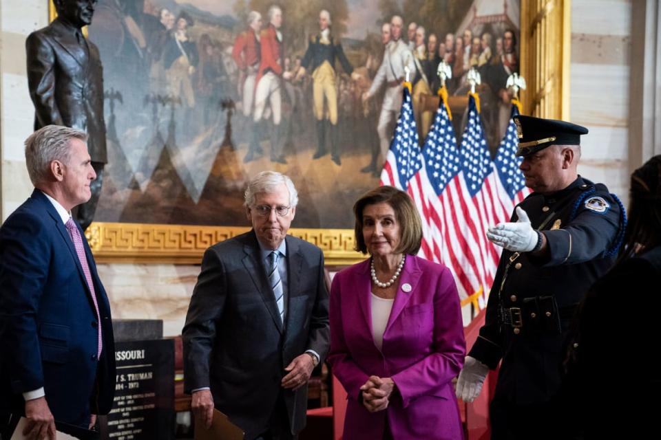 <div class="inline-image__caption"><p>House Minority Leader Kevin McCarthy, Senate Minority Leader Mitch McConnell, and House Speaker Nancy Pelosi depart the Capitol Rotunda on Capitol Hill on Thursday.</p></div> <div class="inline-image__credit">Jabin Botsford/The Washington Post via Getty</div>