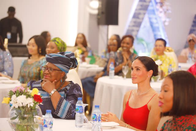 <p>Andrew Esiebo/Getty</p> Meghan Markle speaks at a Women in Leadership event co-hosted with Ngozi Okonjo-Iweala on May 11, 2024 in Abuja, Nigeria