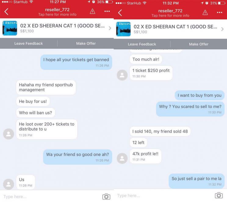 Screenshots of a correspondence with an alleged Ed Sheeran concert ticket reseller who revealed that his friend is a Sports Hub staff. (Photo: Aida Aretha)