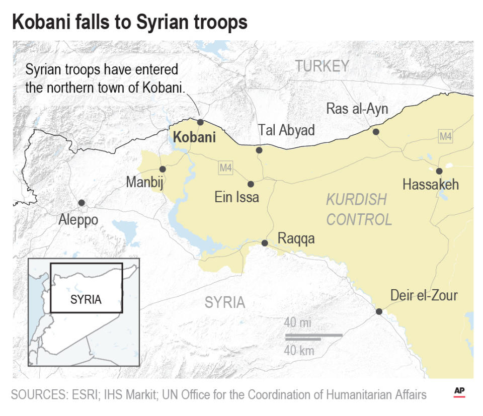 Syrian troops have entered the northern town of Kobani, where Kurdish and U.S. forces first defeated Islamic State group militants together 4 years ago.;