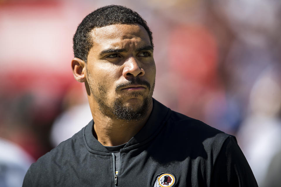 Jordan Reed #86 of the Washington Redskins looks on during the first half of the game against the Dallas Cowboys at FedExField on September 15, 2019 in Landover, Maryland. (Photo by Scott Taetsch/Getty Images)