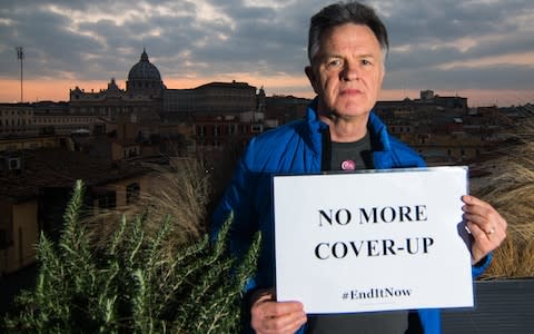 Peter Saunders, a British victim of clerical sex abuse, with his message to Pope Francis for the summit on 'The Protection Of Minors In The Church' - Credit: Getty