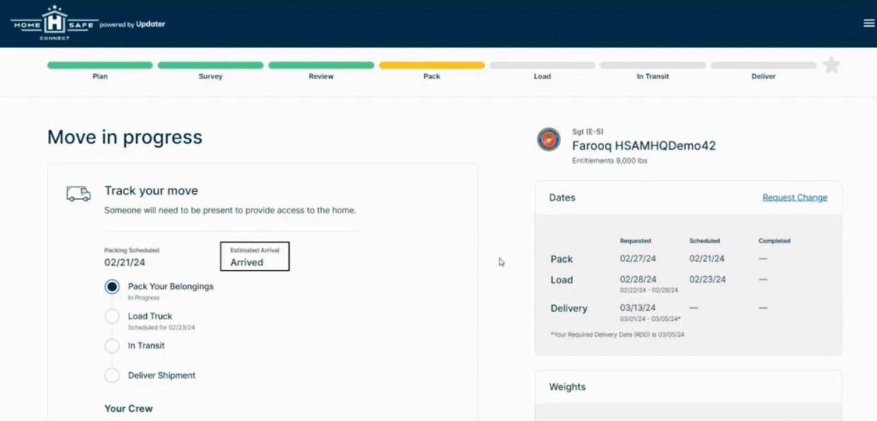 A screenshot of HomeSafe Alliance's customized dashboard in which military families can track their moving process step-by-step under the new GHC system.