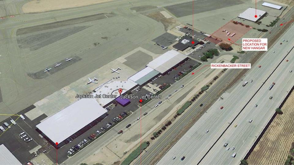 The building under construction that collapsed Wednesday was to be a new hangar at the Jackson Jet Center at the Boise Airport, next to Interstate 84. The existing jet-center buildings are the four connected buildings at left. The new hangar’s proposed site is marked by dotted lines to the right of those four in this aerial view looking southwest. The square building at upper right houses Firehawk Helicopters.