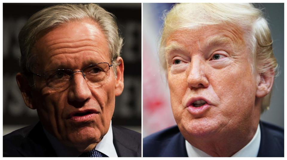 This combination of file photos created September 4, 2018 show Associate Editor of the Washington Post Bob Woodward (L) speaking at the Newseum during an event marking the 40th anniversary of Watergate at the Newseum in Washington, D.C., June 13, 2012; and President Donald Trump speaking during an event to announce a grant for drug-free communities support program, in the Roosevelt Room of the White House in Washington, D.C., on August 29, 2018.