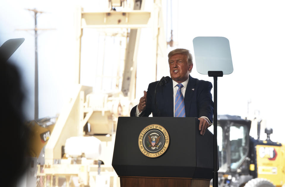 President Donald Trump speaks during a visit to a Double Eagled Energy drilling rig site in Midland, Texas on Wednesday, July 29, 2020. (Eli Hartman/Odessa American via AP)