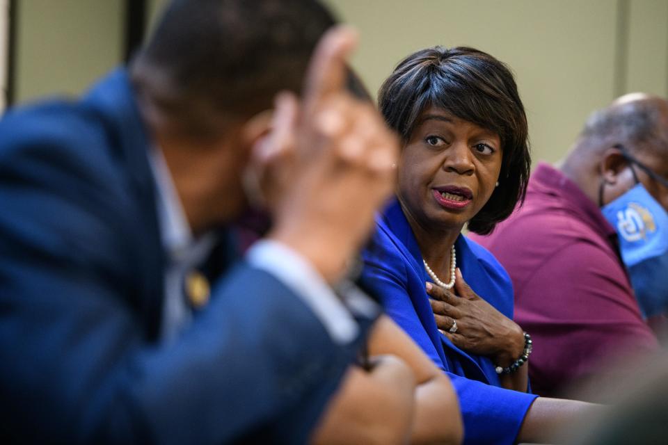 Democratic candidate for U.S. Senate Cheri Beasley holds a roundtable discussion with veterans in Fayetteville to discuss issues impacting veterans including access to health care, good-paying jobs, and affordable housing.  Beasley on Tuesday won the Democratic nomination.