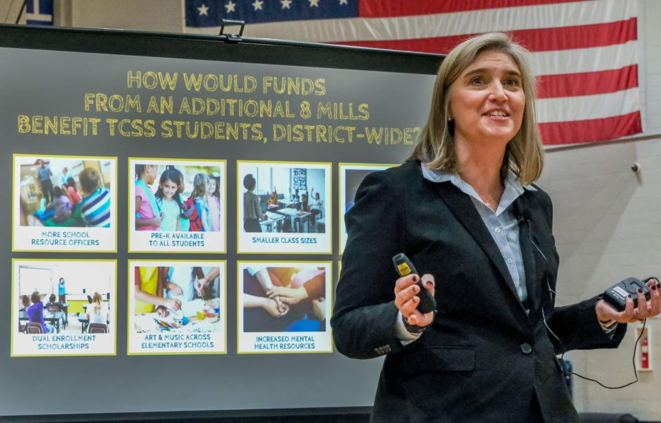 Jan 26, 2023; Northport, AL, USA;  Tuscaloosa County School System Superintendent Keri Johnson presents the proposal to raise the property tax in Tuscaloosa County at Tuscaloosa County High School. 