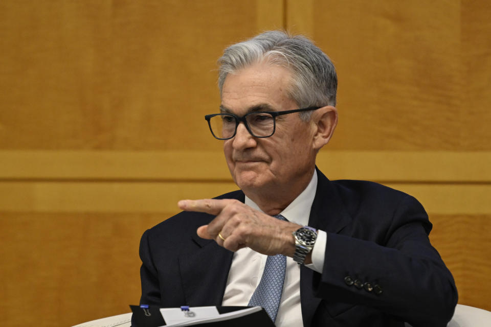 WASHINGTON DC, UNITED STATES - NOVEMBER 9: Federal Reserve Board Chairman Jerome Powell speaks during the the 24th Jacques Polak Annual Research Conference at the International Monetary Fund (IMF) Headquarters in Washington DC, United States, on November 9, 2023. (Photo by Celal Gunes/Anadolu via Getty Images)