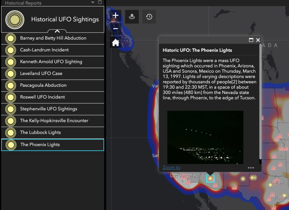 A box of text, linking to a symbol on a map, describing the Phoenix Lights UFO sighting of Phoenix, Arizona.