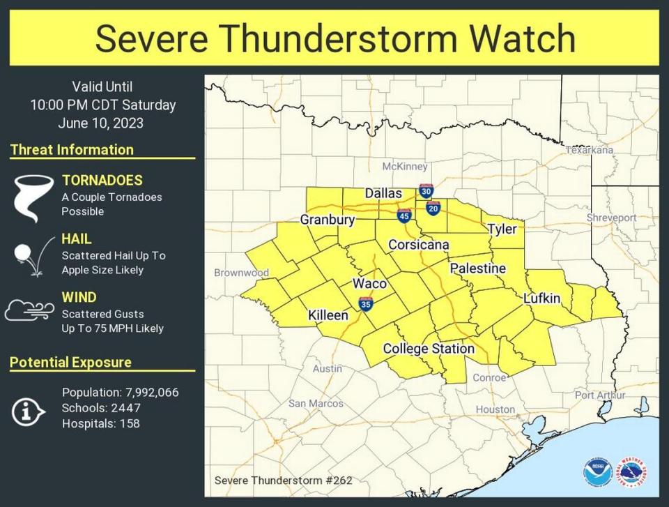 A severe thunderstorm watch was issued by the National Weather Service for parts of Texas, including the northern areas, until 10 p.m. Saturday.