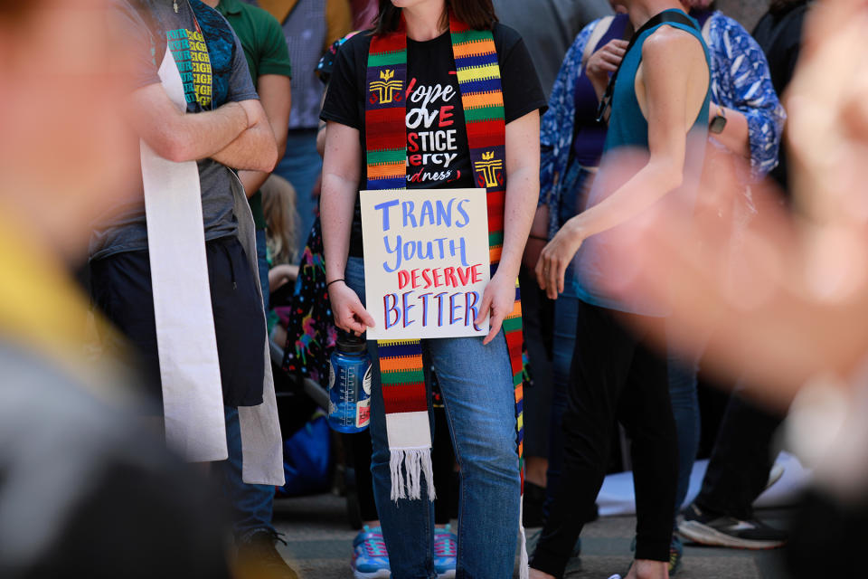 A protestor's sign reads, ''Trans youth deserve better,'' at the Texas State Capitol building on March 27, 2023. (Photo by Reginald Mathalone/NurPhoto via AP)