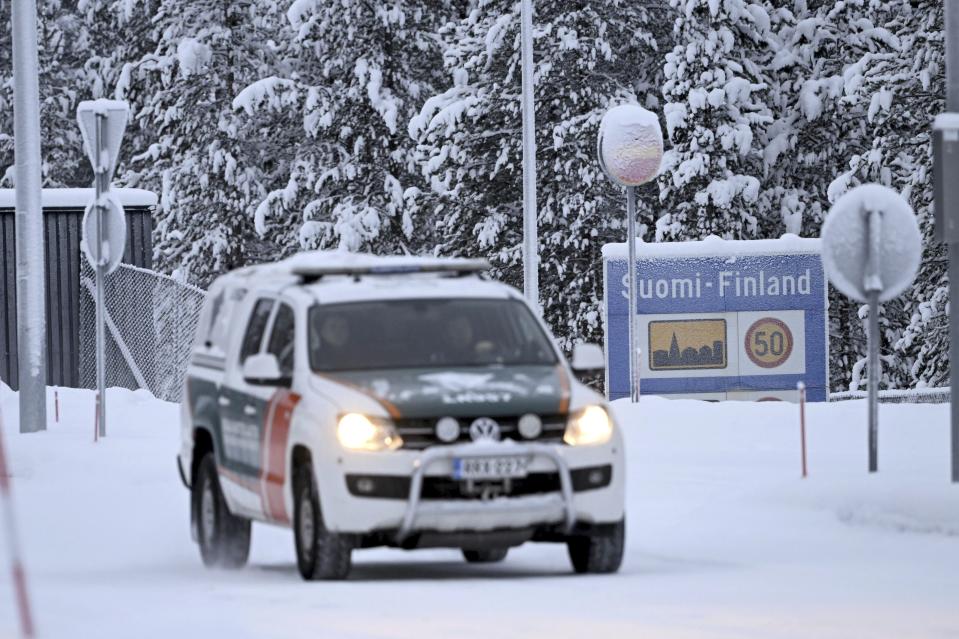 A Finnish border guard vehicle is seen at the Raja-Jooseppi international border crossing station in Inari, northern Finland, Tuesday Nov. 28, 2023. Finland will close its last remaining road border with Russia due to concerns over migration, Prime Minister Petteri Orpo said Tuesday, accusing Moscow of undermining Finland's national security. (Emmi Korhonen/Lehtikuva via AP)