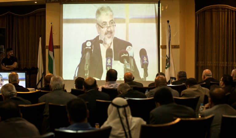 Members of Hamas gather to watch a televised speech of Exiled Hamas Chief Khaled Meshaal, in Gaza City on May 1, 2017