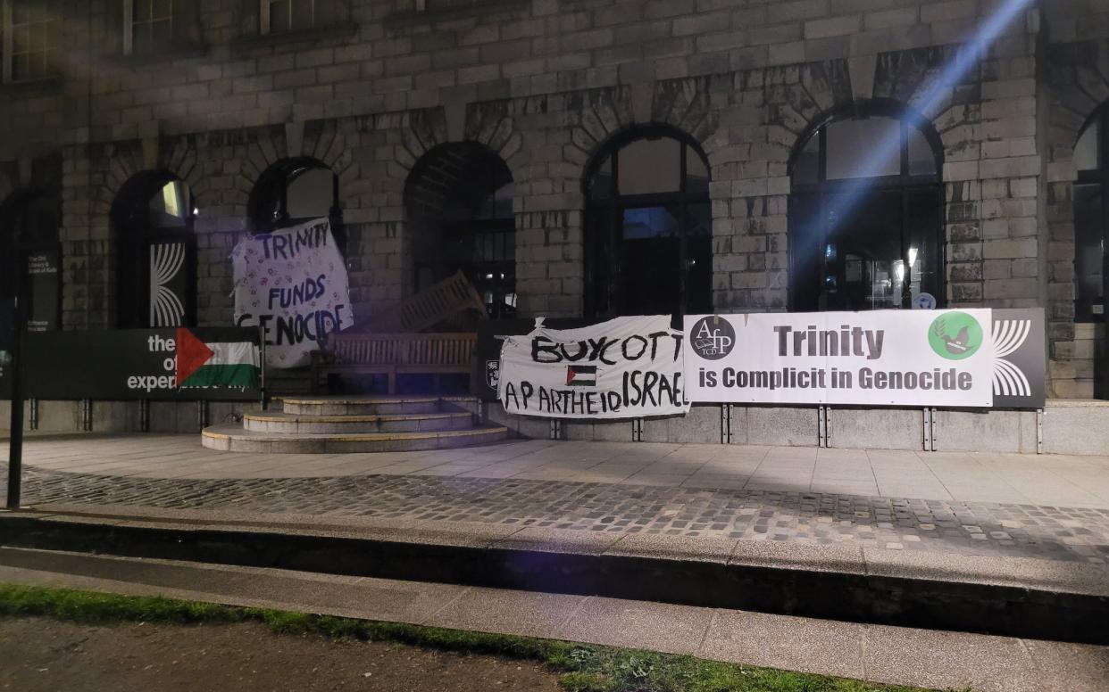 The camp was set up late on Friday after Trinity College's students' union said it had been fined 214,000 euros (£183,000) by the university for financial losses incurred due to protests in recent months not exclusively regarding the war in Gaza.