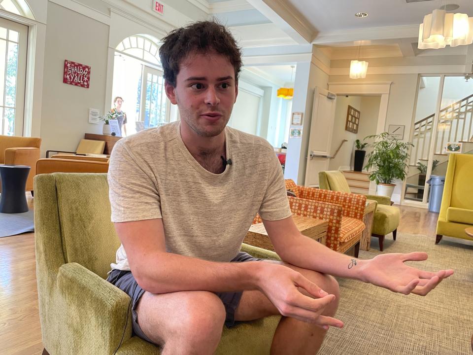 Jacob Starr, a Jewish student at Tulane University in New Orleans, discusses tensions on campuses in the aftermath of the Hamas raid on Israel and Israel's response, Tuesday, Nov. 7, 2023, at the Hillel Center in New Orleans. (AP Photo/Kevin McGill)