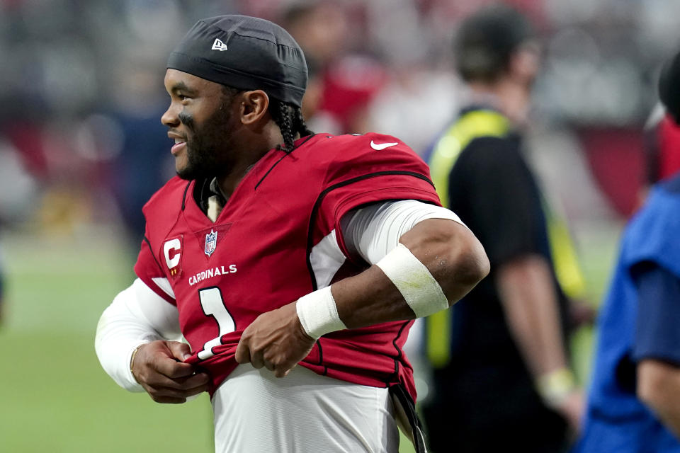 Arizona Cardinals quarterback Kyler Murray leaves the field after an NFL football game against the Houston Texans, Sunday, Oct. 24, 2021, in Glendale, Ariz. The Cardinals won 31-5. (AP Photo/Ross D. Franklin)