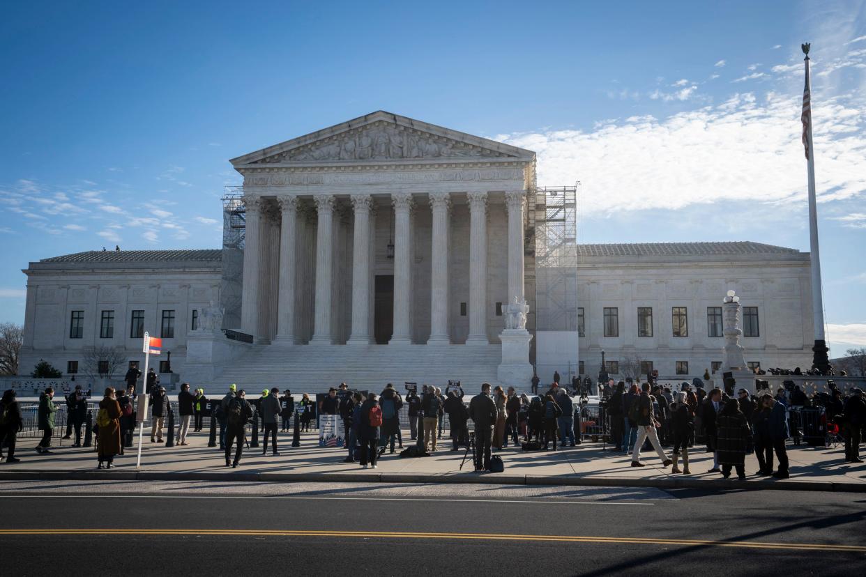 Feb 8, 2024; Washington, DC, USA; Protestors gather outside the United States Supreme Court as the court reviews a ruling by a Colorado court that barred former President Donald Trump from appearing on the state’s Republican primary ballot due to his role in the Jan. 6, 2021 attacks on the U.S. Capitol.. Mandatory Credit: Jasper Colt-USA TODAY ORG XMIT: USAT-748055 ORIG FILE ID: 20240208_ajw_dy8_010.JPG