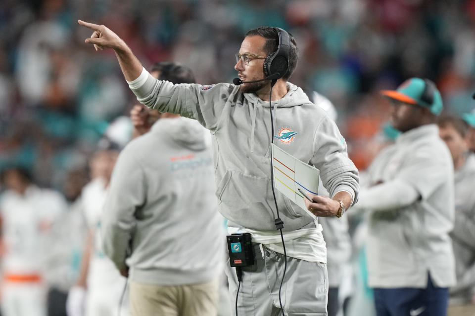 Miami Dolphins head coach Mike McDaniel gestures during the first half of an NFL football game against the Buffalo Bills, Sunday, Jan. 7, 2024, in Miami Gardens, Fla. (AP Photo/Wilfredo Lee)