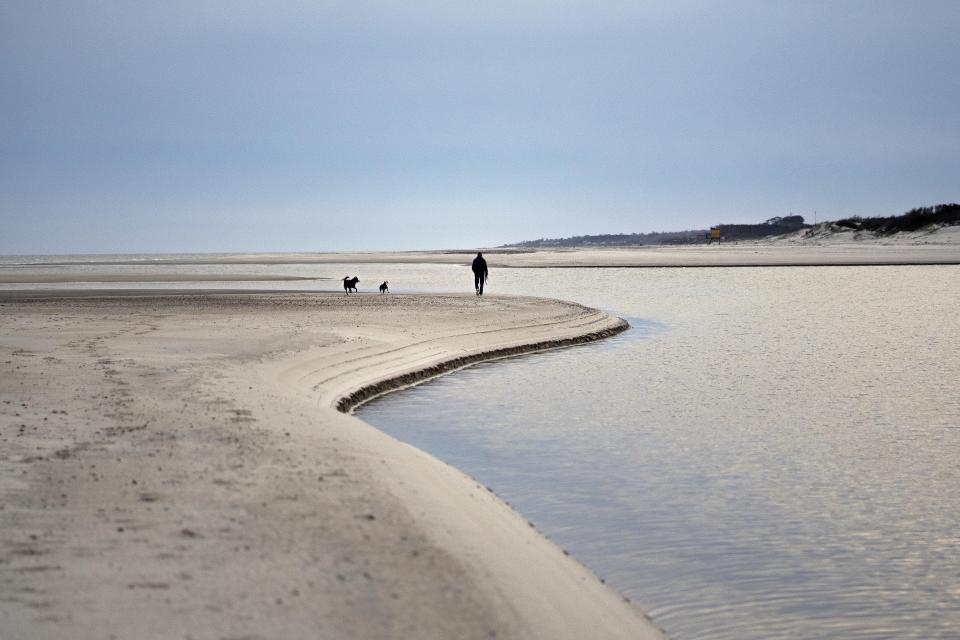 Federico Van Geldern, un ciudadano argentino que vive en un balneario llamado Solís, en Uruguay, camina con sus perros en la playa el martes 15 de septiembre de 2020. Desde que la pandemia del nuevo coronavirus empezó hace más de seis meses, miles de argentinos como Van Geldern decidieron permanecer y vivir en Uruguay. (AP Foto/Matilde Campodónico)