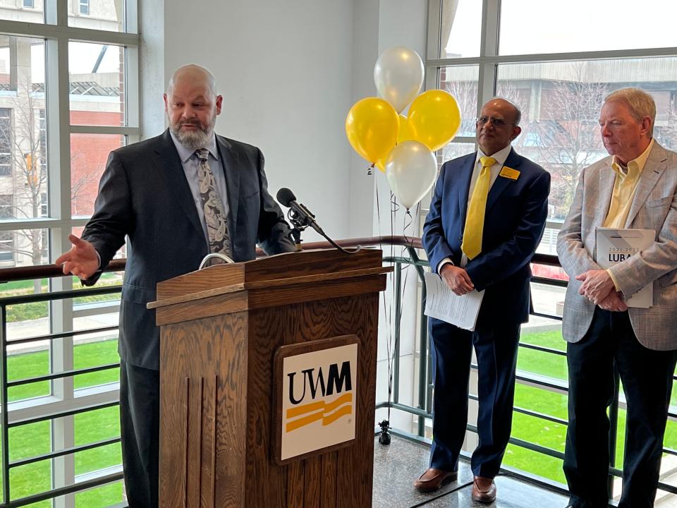 Joe Cecala, founder of Dream Exchange, speaks on May 6 at UWM at the opening of the Lubar Career Center in the business school. Cecala was one of the donors who helped fund the center.