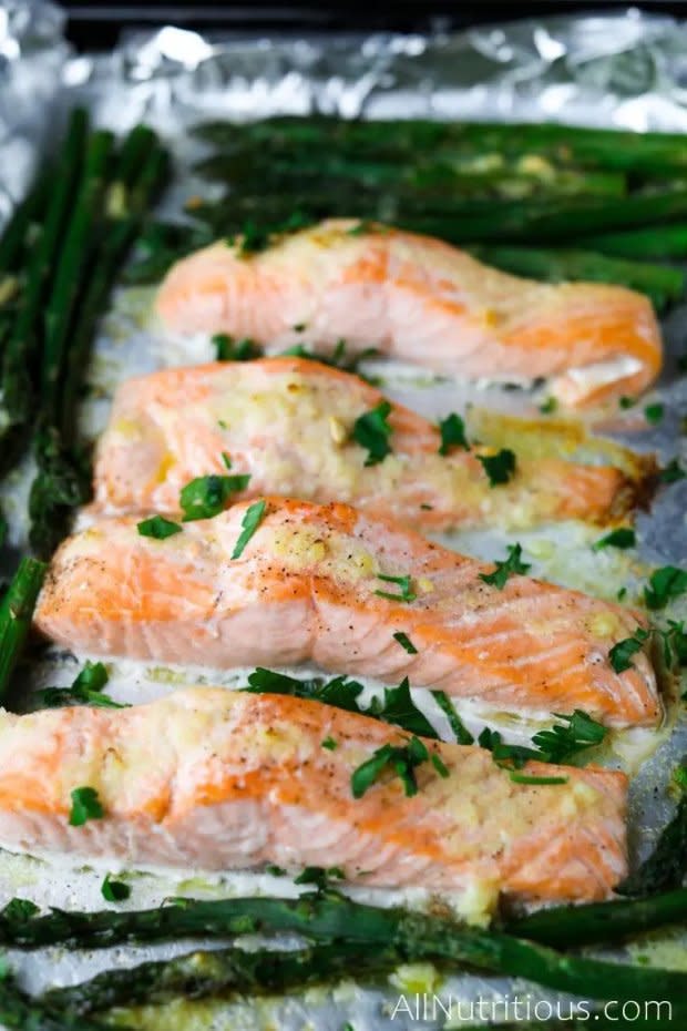 <p><a href="https://allnutritious.com/keto-salmon-and-asparagus/" rel="nofollow noopener" target="_blank" data-ylk="slk:All Nutritious;elm:context_link;itc:0;sec:content-canvas" class="link ">All Nutritious</a></p><p>A quick one-sheet pan dinner that you can make for the whole family. It‘s savory and infused with butter and garlic flavors. Ready in just 20 minutes!</p><p><strong>Get the recipe: <a href="https://allnutritious.com/keto-salmon-and-asparagus/" rel="nofollow noopener" target="_blank" data-ylk="slk:Keto Salmon and Asparagus;elm:context_link;itc:0;sec:content-canvas" class="link ">Keto Salmon and Asparagus</a></strong></p>