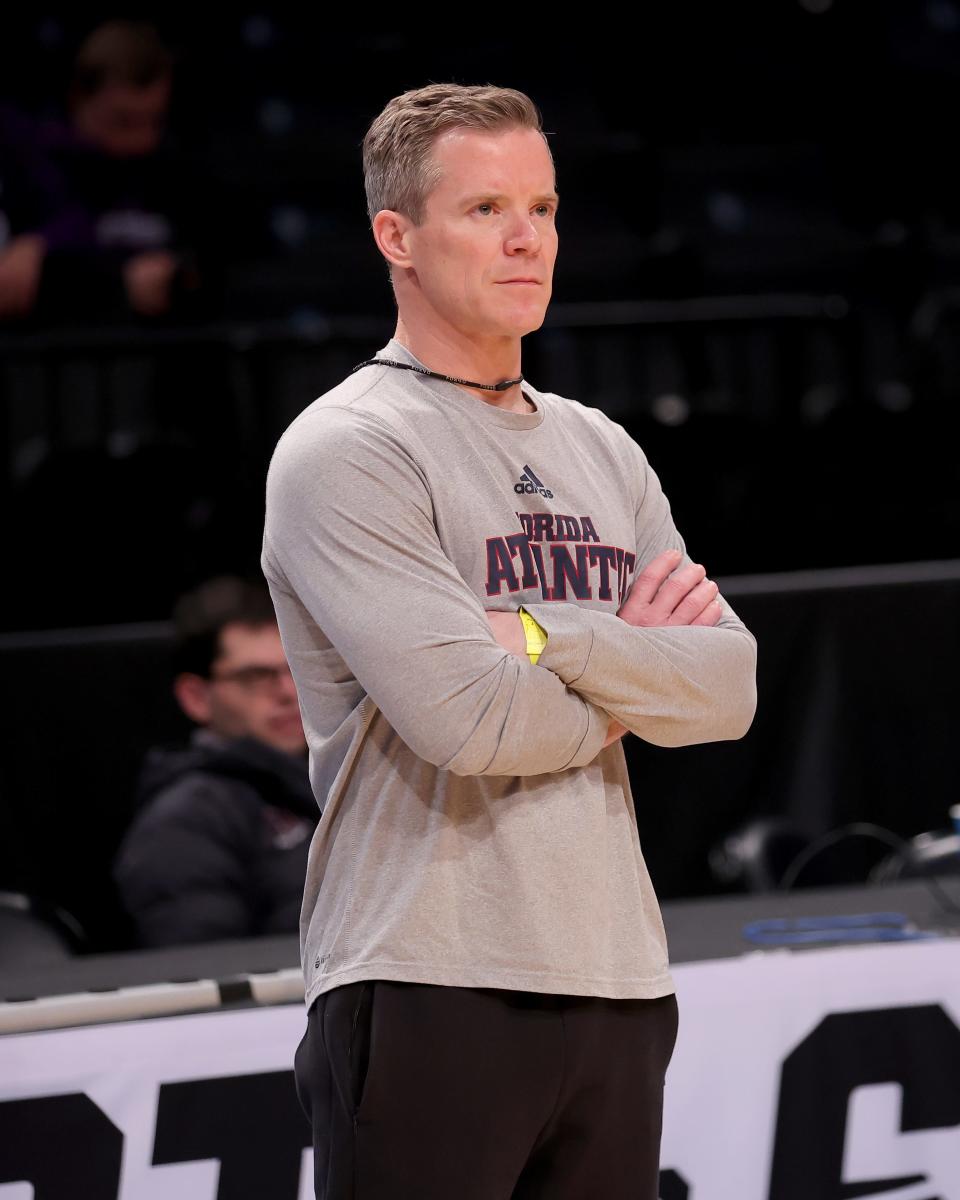 Mar 21, 2024; Brooklyn, NY, USA; Florida Atlantic Owls head coach Dusty May watches his team practice during team practice at Barclays Center. Mandatory Credit: Brad Penner-USA TODAY Sports