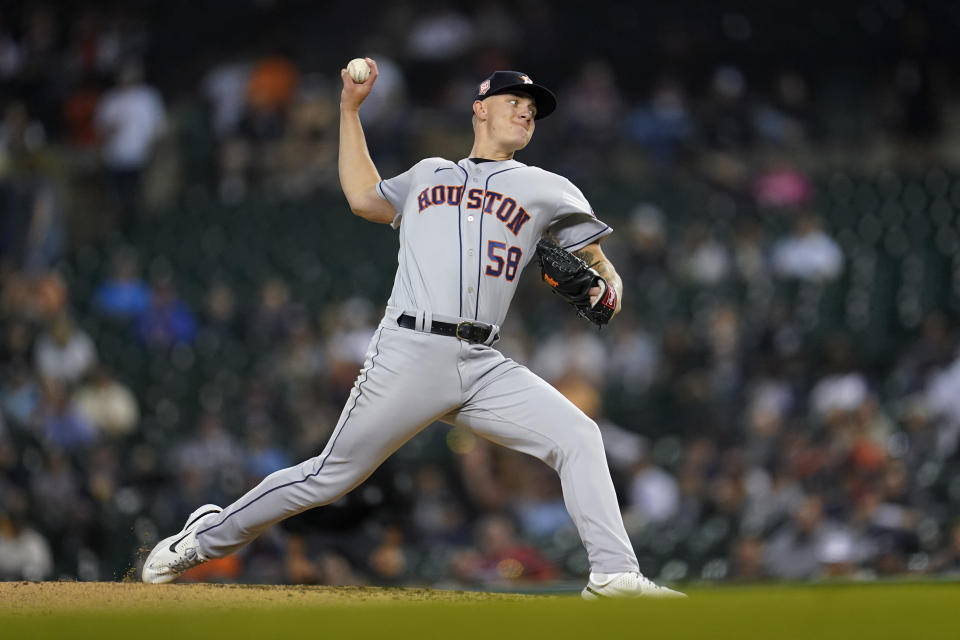 Houston Astros pitcher Hunter Brown throws against the Detroit Tigers in the fifth inning of a baseball game in Detroit, Tuesday, Sept. 13, 2022. (AP Photo/Paul Sancya)