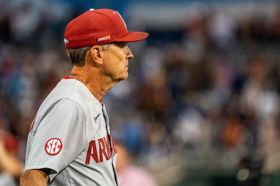 Jun 22, 2022; Omaha, NE, USA; Arkansas Razorbacks head coach Dave Van Horn walks off the field after defeating the Ole Miss Rebels at Charles Schwab Field. Mandatory Credit: Dylan Widger-USA TODAY Sports