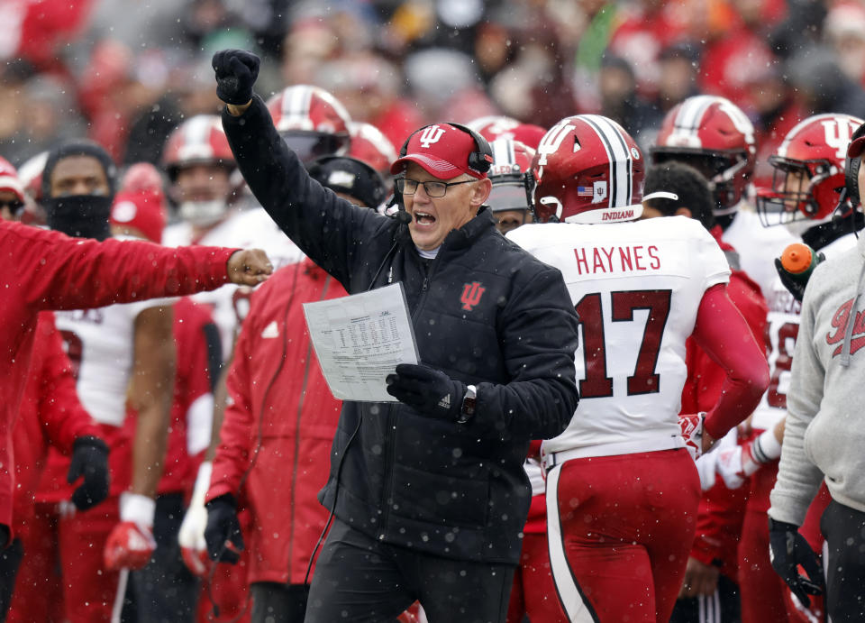 Indiana coach Tom Allen directs his team during the first half of an NCAA college football game against Ohio State Saturday, Nov. 12, 2022 in Columbus, Ohio. (AP Photo/Paul Vernon)