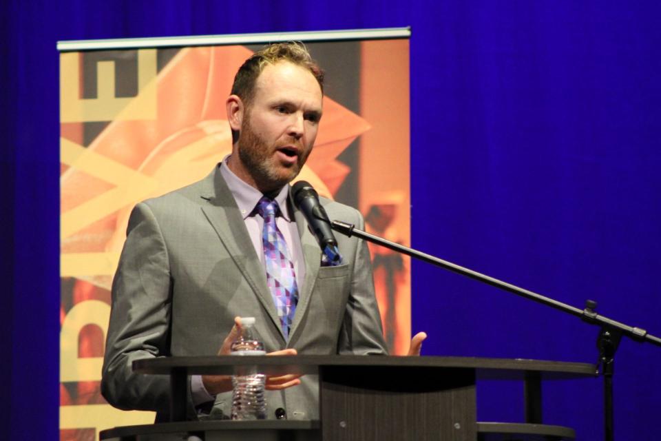 Jacob Waggoner, a candidate for the District 3 seat on the El Paso Independent School District's board of trustees, speaks during a candidate forum at Austin High School on Tuesday, April 2, 2024.