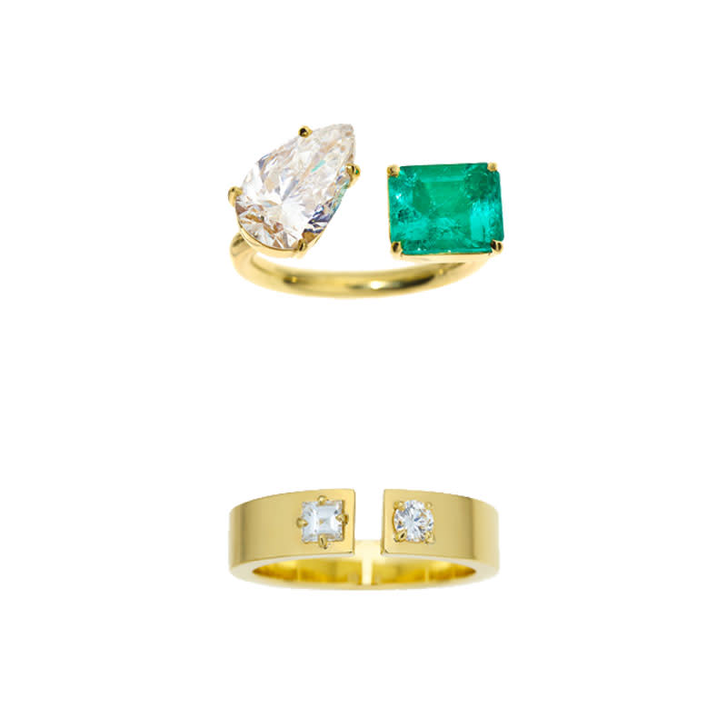 <a rel="nofollow noopener" href="http://jemmawynne.com/jewelry/diamond-pear-and-emerald-engagement-ring/" target="_blank" data-ylk="slk:Diamond Pear and Emerald Engagement Ring, Jemma Wynne;elm:context_link;itc:0;sec:content-canvas" class="link ">Diamond Pear and Emerald Engagement Ring, Jemma Wynne</a><a rel="nofollow noopener" href="http://jemmawynne.com/jewelry/prive-open-band-ring-with-diamonds/" target="_blank" data-ylk="slk:Prive Open Band Ring with Diamonds, Jemma Wynne;elm:context_link;itc:0;sec:content-canvas" class="link ">Prive Open Band Ring with Diamonds, Jemma Wynne</a>