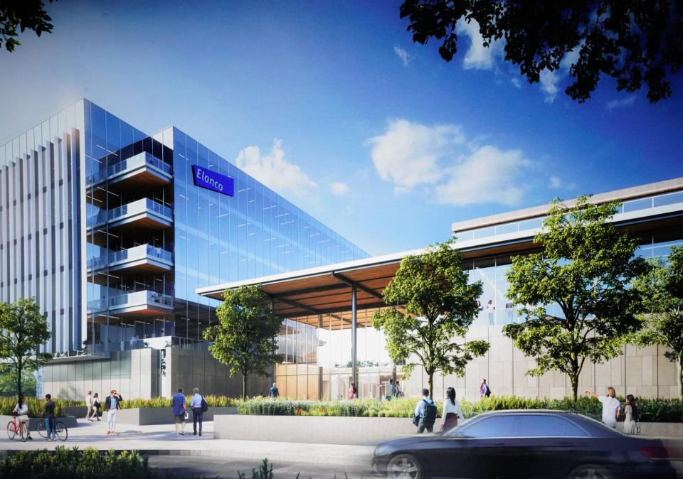 Rendering show the future Elanco's global headquarters, at the former GM Stamping Plant Site on Tuesday, April 12, 2022, in Indianapolis.