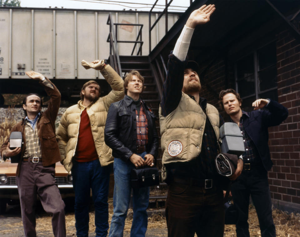 American actors John Cazale, Chuck Aspegren, Christopher Walken, Robert de Niro and John Savage on the set of The Deer Hunter, written and directed by Michael Cimino. (Photo by Sunset Boulevard/Corbis via Getty Images)