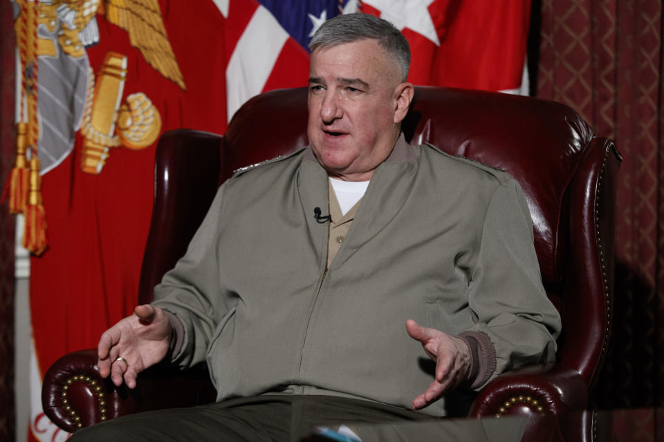 Assistant Commandant of the Marine Corps Gen. Glenn Walters speaks during an interview, Friday, April 7, 2017, at the Pentagon. Two male Marines have been demoted and about two dozen other military members are being investigated in connection with the investigation into nude photographs that were shared online, the Marine Corps said. (AP Photo/Evan Vucci)