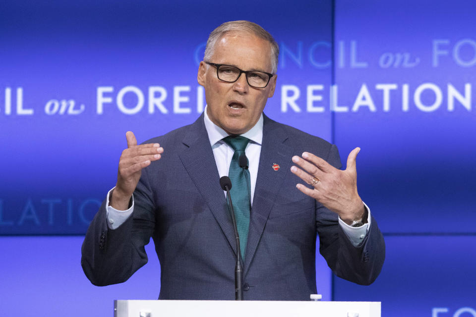 Democratic Presidential candidate Washington Gov. Jay Inslee speaks at the Council on Foreign Relations, Wednesday, June 5, 2019 in New York. (AP Photo/Mark Lennihan)