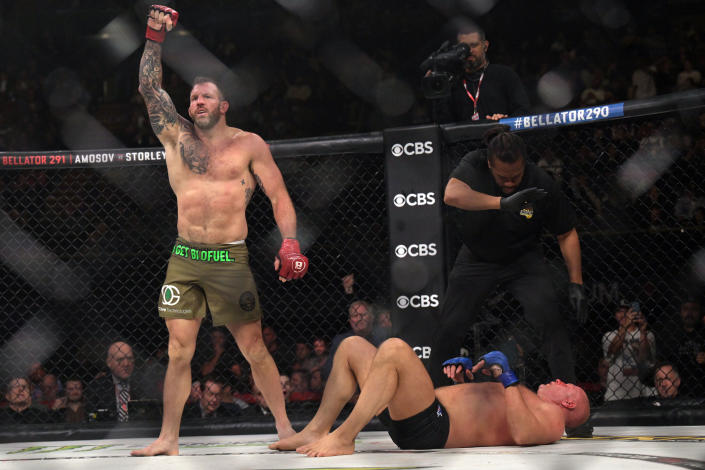 Inglewood, CA - February 04: Ryan Bader, red gloves, raises his hand after defeating Fedor Emelianenko,blue gloves, during their heavyweight championship fight during Bellator 290: Bader vs. Fedor 2 at the Kia Forum in Inglewood, CA, Saturday, Feb 4, 2023. The fight was the last for Emelianenkos career and he was defeated by Bader by first round TKO. (Photo by Hans Gutknecht/MediaNews Group/Los Angeles Daily News via Getty Images)