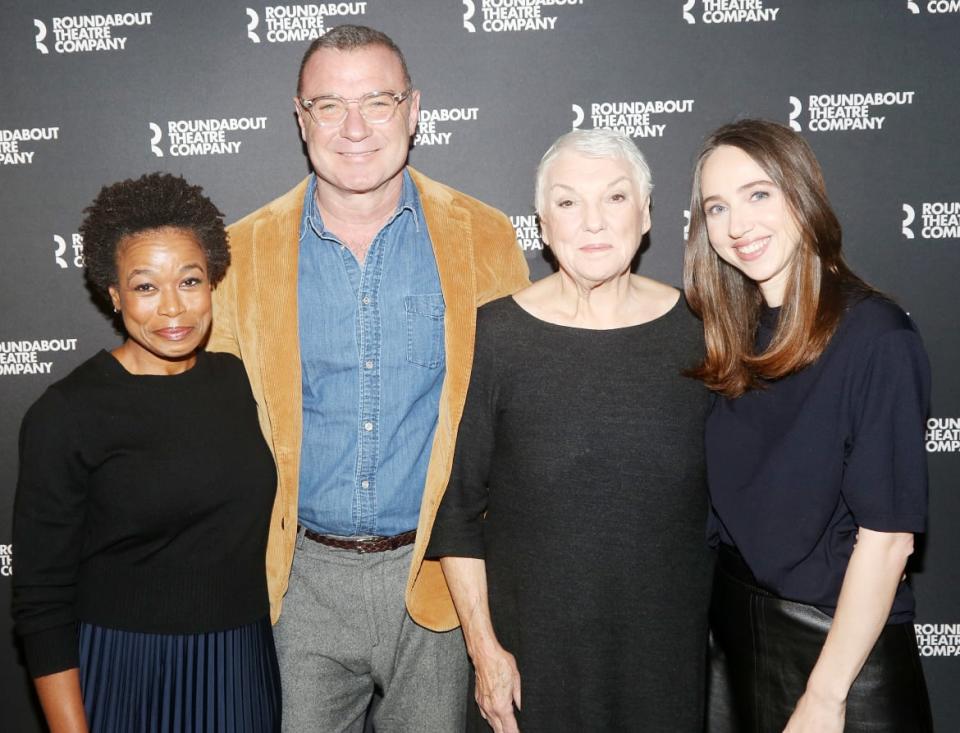 Quincy Tyler Bernstine, Liev Schreiber, Tyne Daly and Zoe Kazan pose at a photo call for the revival of the Roundabout Theatre Company production of play "Doubt: A Parable" at The Knickerbocker Hotel on January 10, 2024 in New York City.