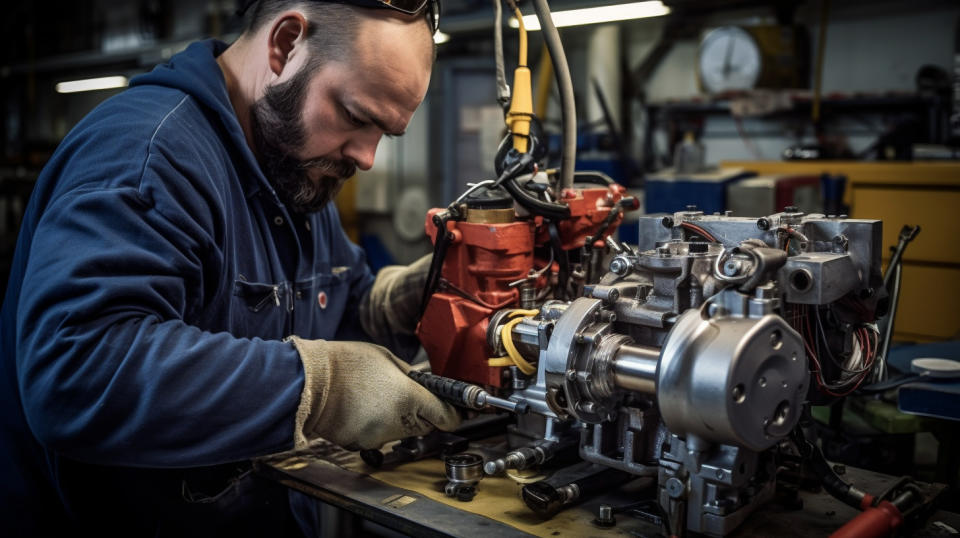 A hydraulic technician in the process of assembling a hydraulic system.