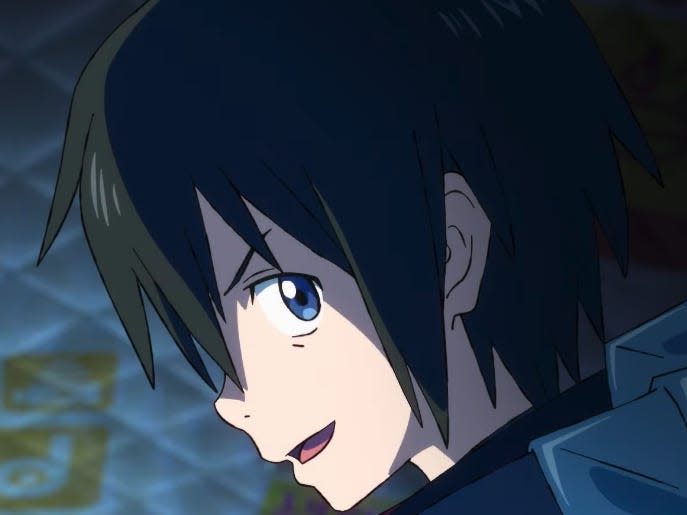 an animated boy with black hair looking confidently from the side towards the camera in the orbital children